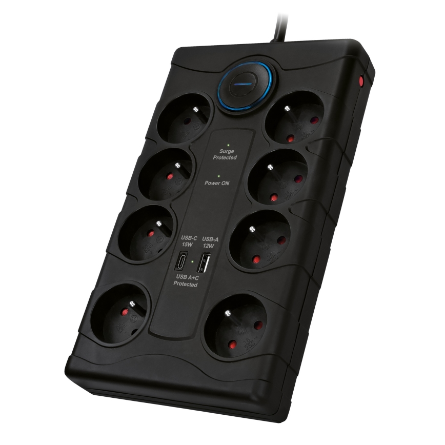 Steckdosenleiste mit Schalter, 8-fach, Typ E, 1x USB-A + 1x USB-C, 2 m, schwarz