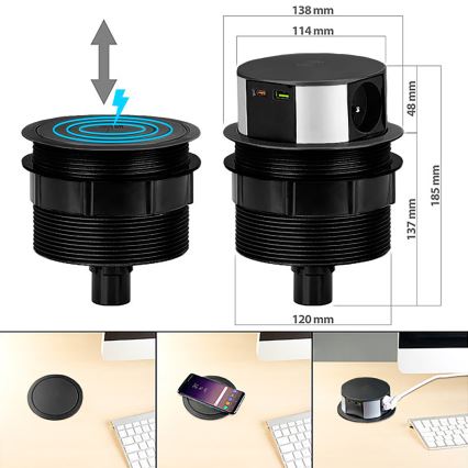 Steckdosensäule für Tischplatte mit kabellosem Qi-Ladegerät 3x230V + 1xUSB-A + 1xUSB-C schwarz/silber