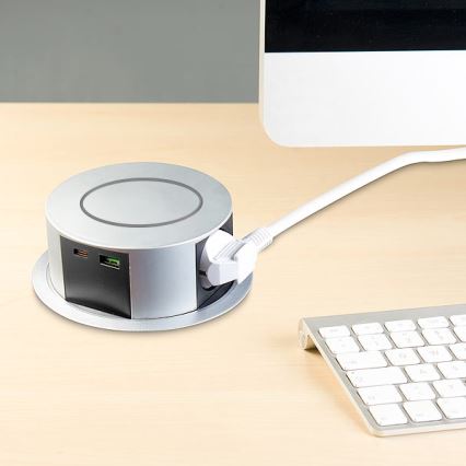 Steckdosensäule für Tischplatte mit kabellosem Qi-Ladegerät 3x230V + 1xUSB-A + 1xUSB-C silber/schwarz
