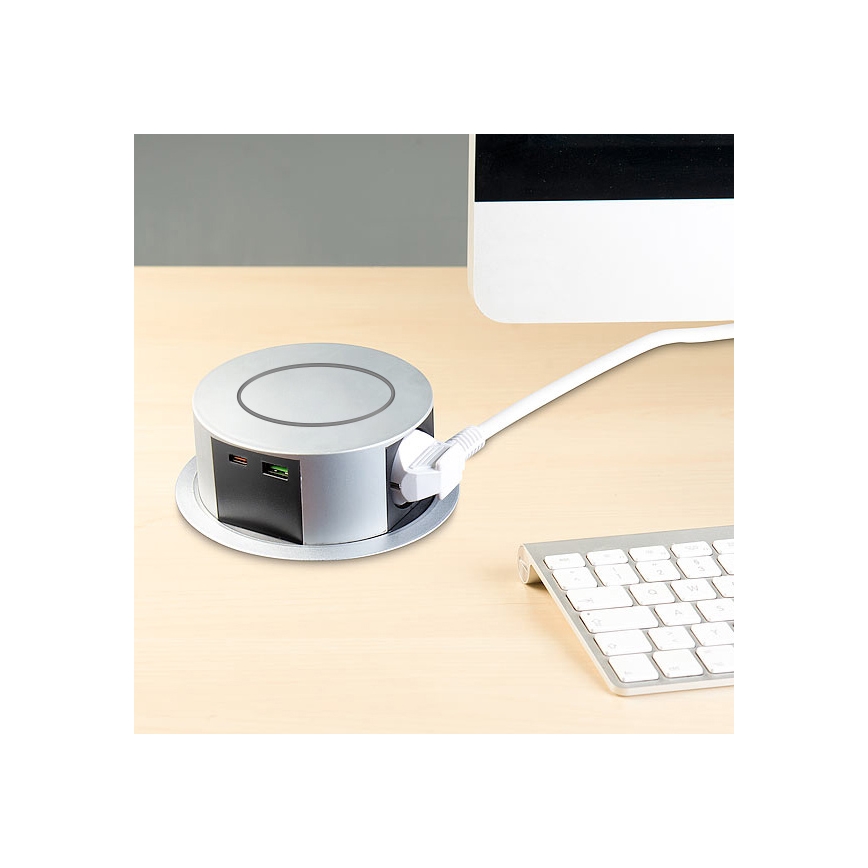 Steckdosensäule für Tischplatte mit kabellosem Qi-Ladegerät 3x230V + 1xUSB-A + 1xUSB-C silber/schwarz