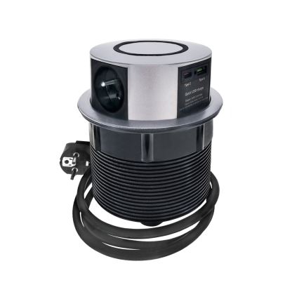 Steckdosensäule für Tischplatte mit kabellosem Qi-Ladegerät 3x230V + 1xUSB-A + 1xUSB-C silber/schwarz