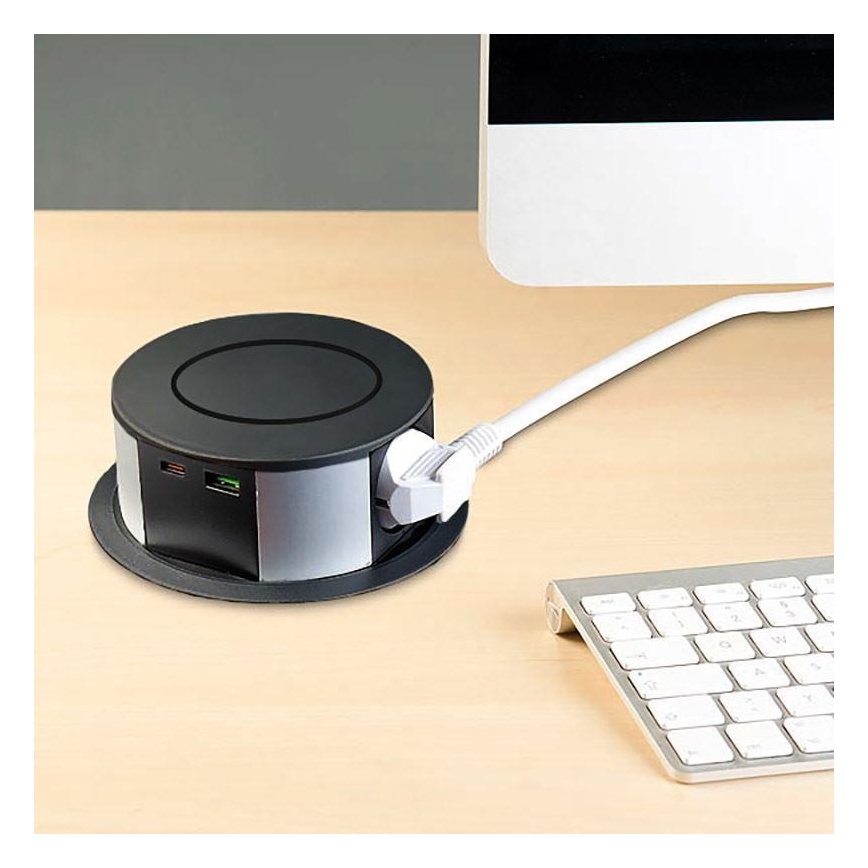 Steckdosenleiste für Tischplatte 3x230V + 2xUSB + kabelloses Laden