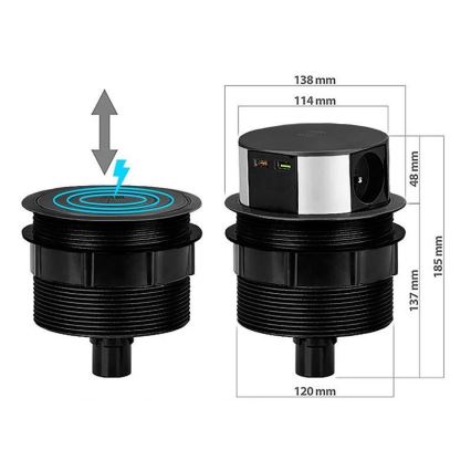 Steckdosenleiste für Tischplatte 3x230V + 2xUSB + kabelloses Laden