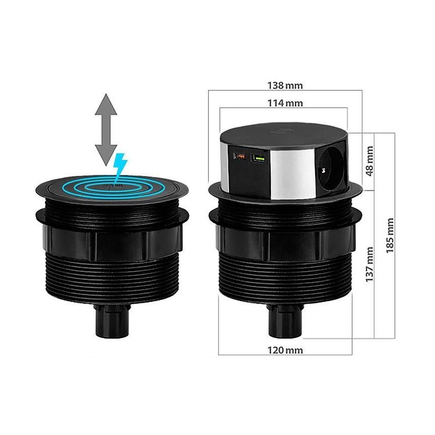 Steckdosenleiste für Tischplatte 3x230V + 2xUSB + kabelloses Laden