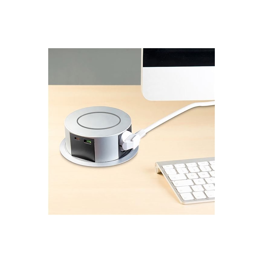 Steckdosensäule für Tischplatte 3x230V + 2xUSB + kabelloses Laden