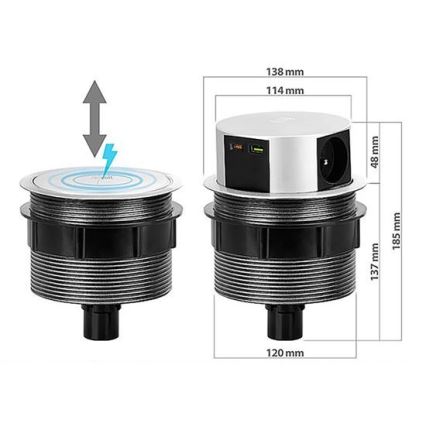 Steckdosensäule für Tischplatte 3x230V + 2xUSB + kabelloses Laden