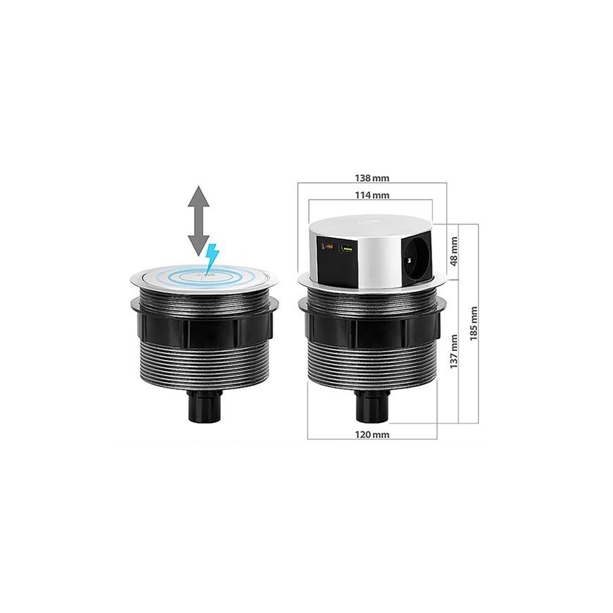 Steckdosensäule für Tischplatte 3x230V + 2xUSB + kabelloses Laden