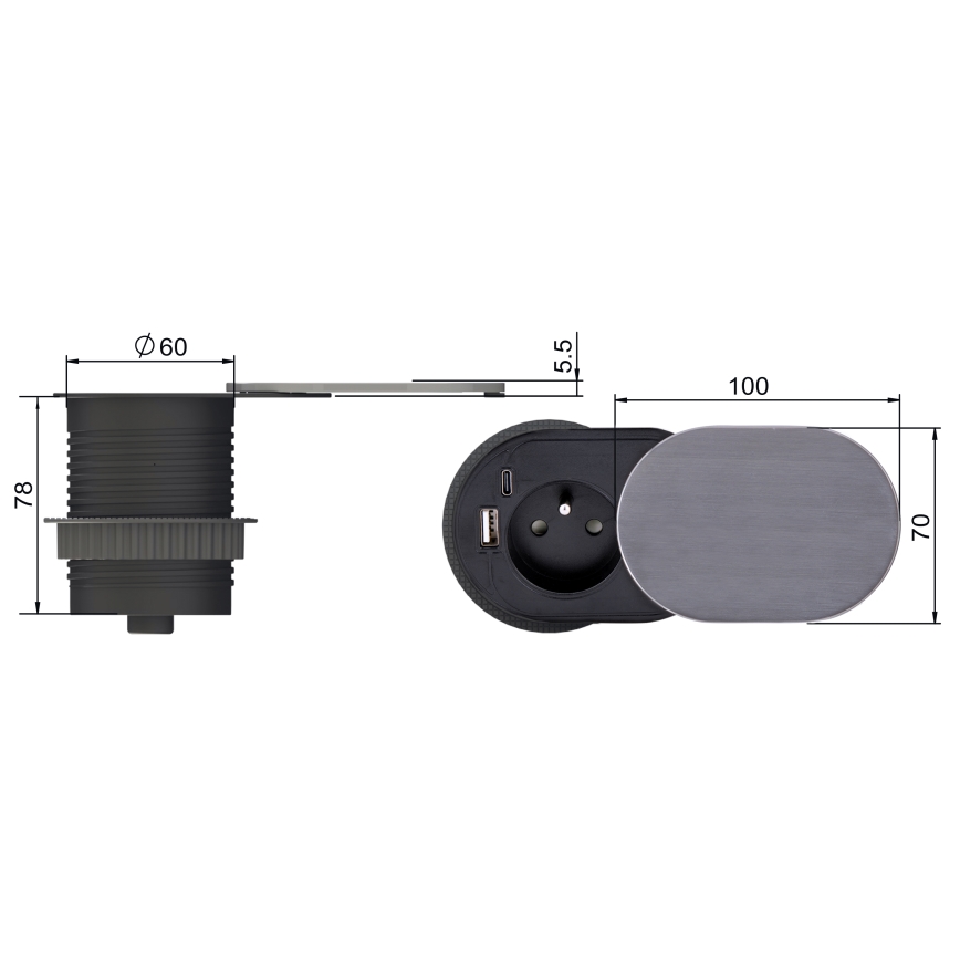 Einbau-Steckdose 1Z + USB A+C