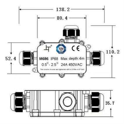 Wasserfeste Anschlussdose 24A/450V AC IP68