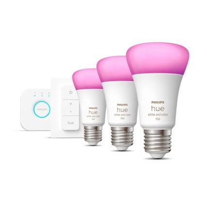 Philips Hue WHITE AND COLOR AMBIANCE Starter-Set 3×E27/9W 2000–6500K + Hue Bridge und Dimmer Switch
