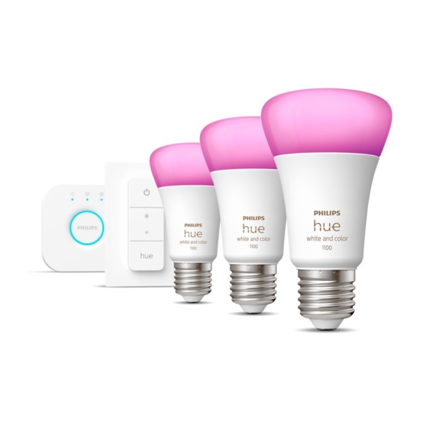 Philips Hue WHITE AND COLOR AMBIANCE Starter-Set 3×E27/9W 2000–6500K + Hue Bridge und Dimmer Switch