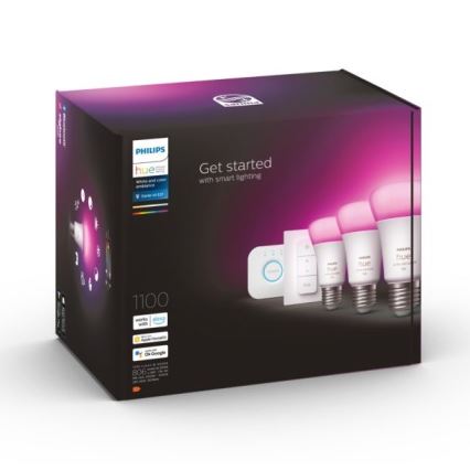 Philips Hue WHITE AND COLOR AMBIANCE Starter-Set 3×E27/9W 2000–6500K + Hue Bridge und Dimmer Switch