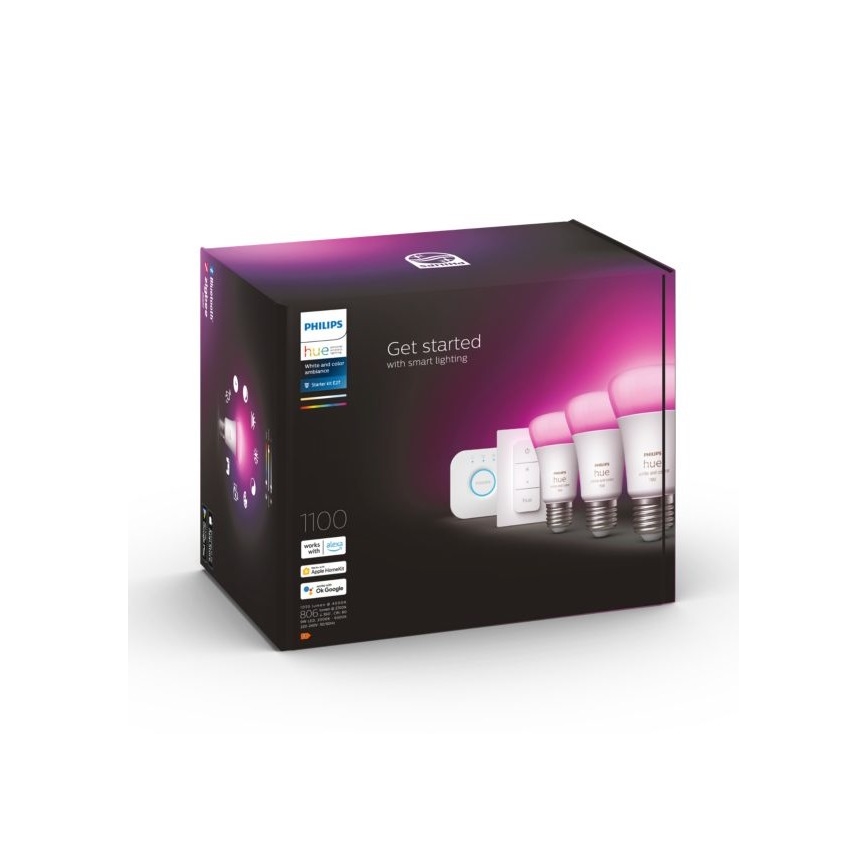 Philips Hue WHITE AND COLOR AMBIANCE Starter-Set 3×E27/9W 2000–6500K + Hue Bridge und Dimmer Switch