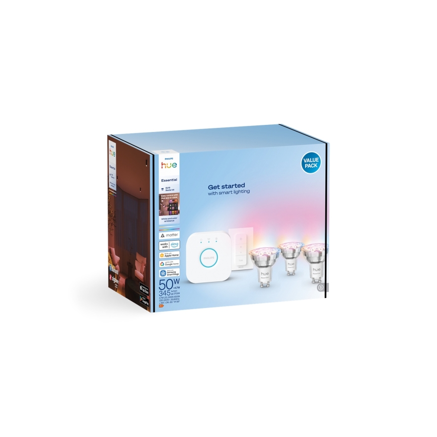 Starter-Set Philips Hue White and Color Ambiance Essential 3xGU10/4,7W/230V 2200-6500K + Hue Bridge