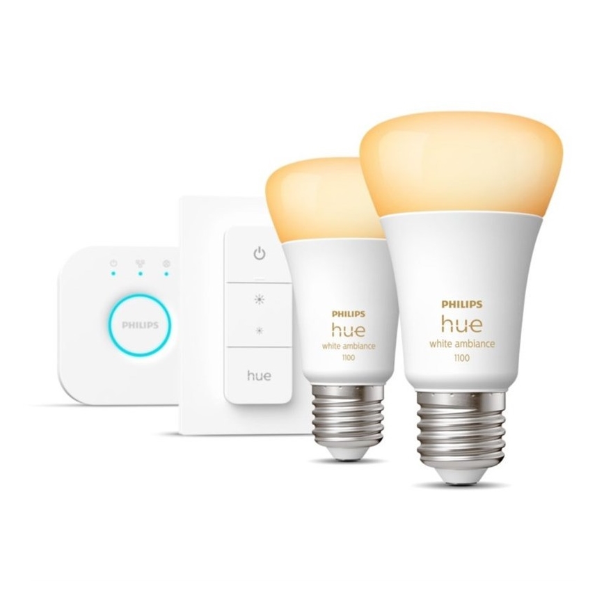Starter-Set Philips Hue WHITE AMBIANCE 2xE27/8W/230V + Hue Bridge und Dimmschalter