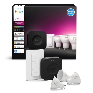 Starter-Set Philips Hue WHITE AND COLOR AMBIANCE 3xGU10/4,2W 2000-6500K + Hue Bridge und Dimmer Switch