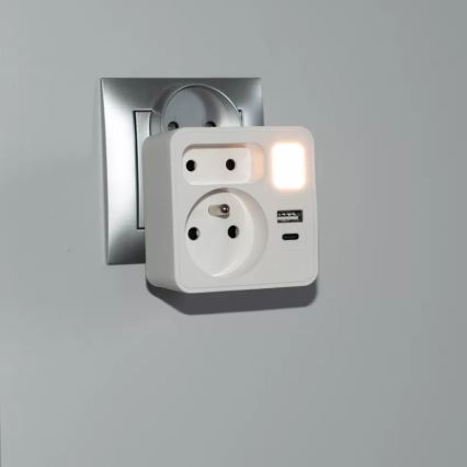 Steckdosenverteiler 2 Steckdosen + USB-C + USB-A mit LED-Beleuchtung LED/0,5W/230V 3000K