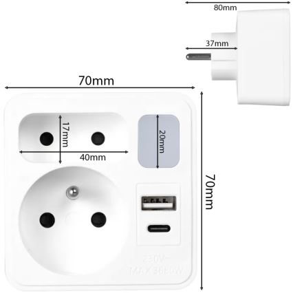 Steckdosenverteiler 2 Steckdosen + USB-C + USB-A mit LED-Beleuchtung LED/0,5W/230V 3000K