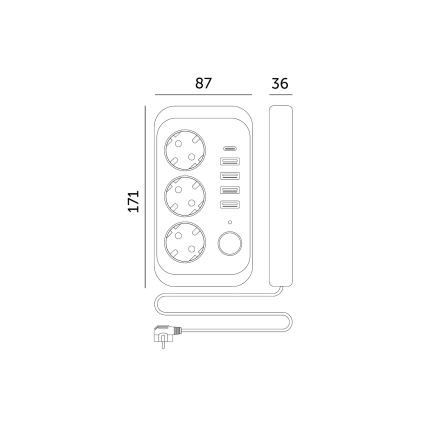 Steckdosenleiste mit Schalter LINEA 3x230V + 5xUSB A/C SCHUKO 3 m schwarz