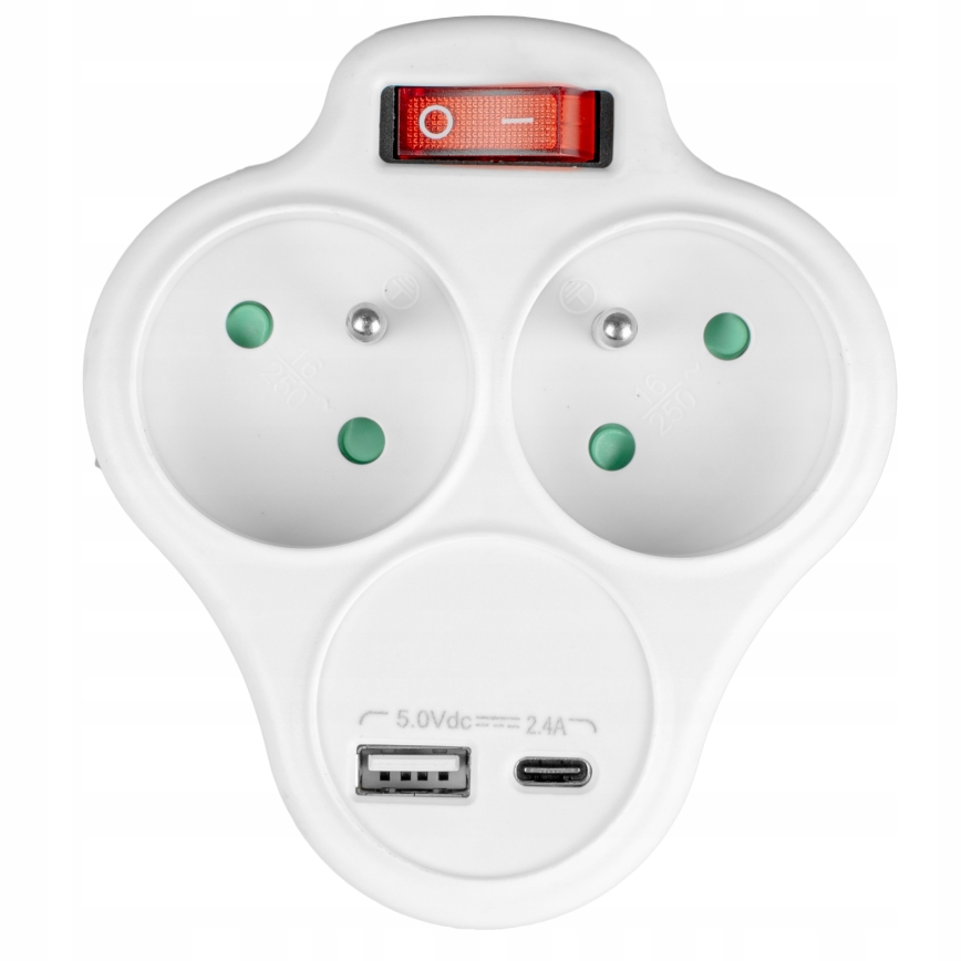 Steckdosenleiste mit Schalter, 2 Steckdosen + USB‑C + USB‑A