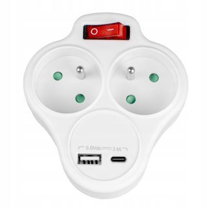 Steckdosenleiste mit Schalter, 2 Steckdosen + USB‑C + USB‑A