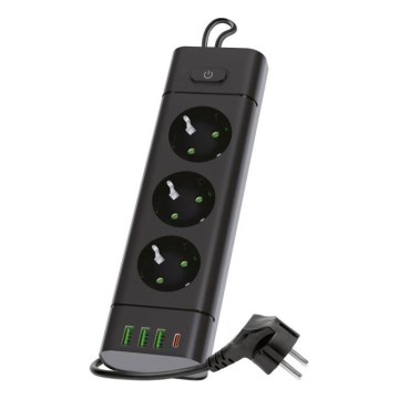 Steckdosenleiste mit Schalter LINEA PRO 3x230V+3xUSB-A + 1xUSB-C SCHUKO 1,5 m schwarz