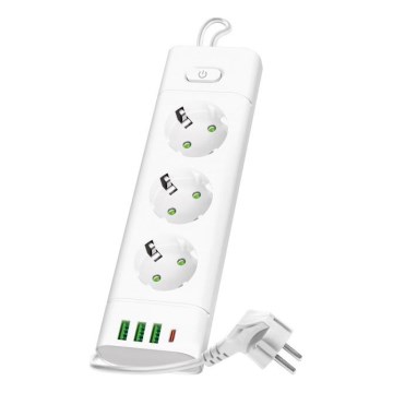 Steckdosenleiste mit Schalter LINEA PRO 3x230V+ 3xUSB-A + 1xUSB-C SCHUKO 1,5 m weiß