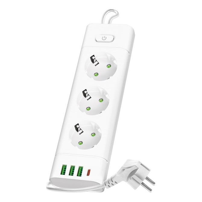 Steckdosenleiste mit Schalter LINEA PRO 3x230V+ 3xUSB-A + 1xUSB-C SCHUKO 1,5 m weiß