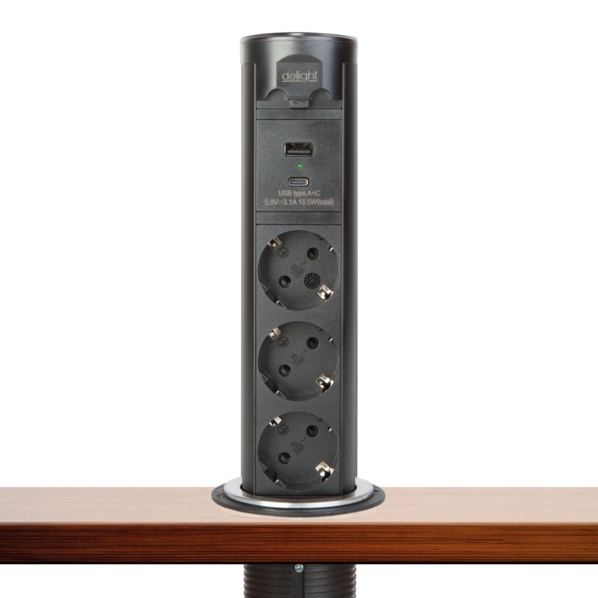 Steckdosensäule für Tischplatte 3x230V + USB-A + USB-C schwarz