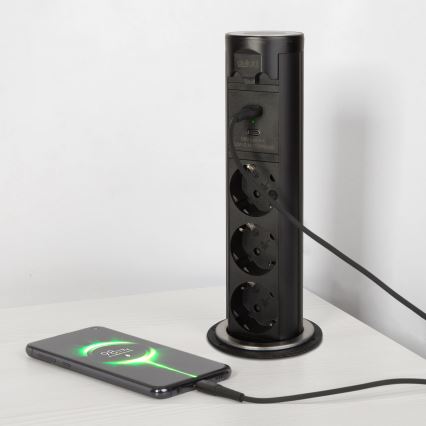 Steckdosensäule für Tischplatte 3x230V + USB-A + USB-C schwarz