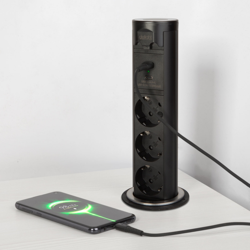 Steckdosensäule für Tischplatte 3x230V + USB-A + USB-C schwarz
