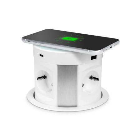 Einbausteckdosensäule für Tischplatte mit kabellosem Laden 4×230 V + 2×USB-A + 2×USB-C, weiß