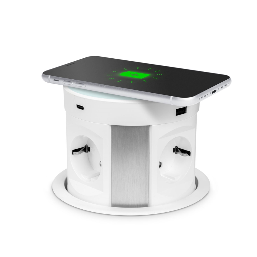 Einbausteckdosensäule für Tischplatte mit kabellosem Laden 4×230 V + 2×USB-A + 2×USB-C, weiß