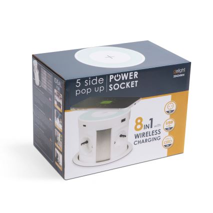 Einbausteckdosensäule für Tischplatte mit kabellosem Laden 4×230 V + 2×USB-A + 2×USB-C, weiß
