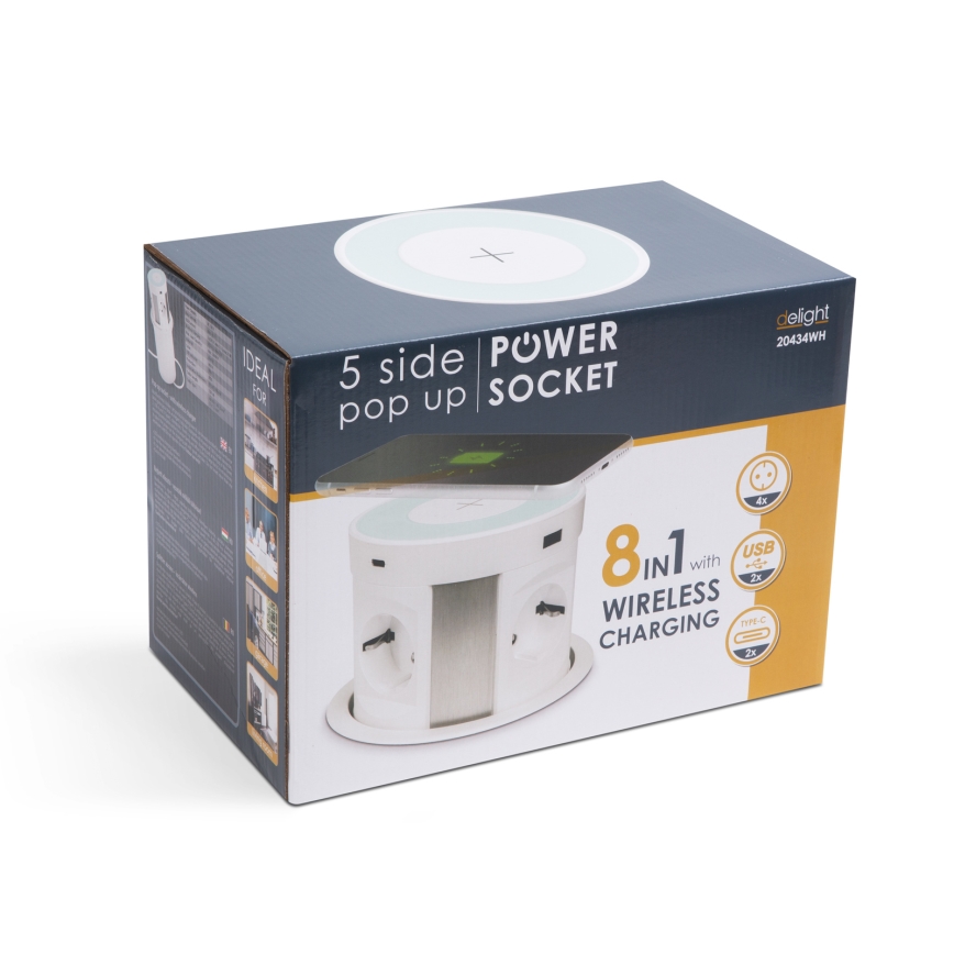 Einbausteckdosensäule für Tischplatte mit kabellosem Laden 4×230 V + 2×USB-A + 2×USB-C, weiß
