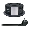 Steckdosensäule für Tischplatte mit kabellosem Qi-Ladegerät 3x230V + 1xUSB-A + 1xUSB-C schwarz/silber