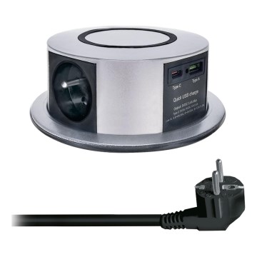 Steckdosensäule für Tischplatte mit kabellosem Qi-Ladegerät 3x230V + 1xUSB-A + 1xUSB-C silber/schwarz