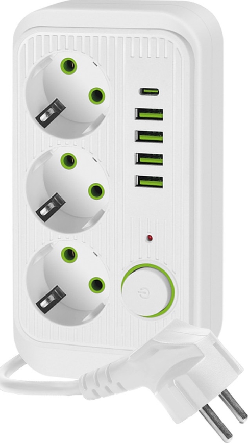Steckdosenverteiler mit Schalter LINEA 3x230V + 5xUSB A/C SCHUKO 3 m weiß