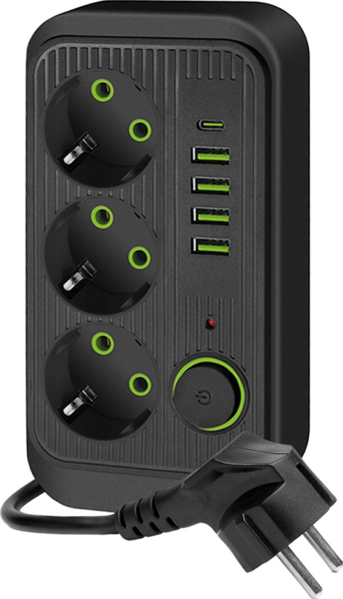 Steckdosenverteiler mit Schalter LINEA 3x230V + 5xUSB A/C SCHUKO 5 m schwarz