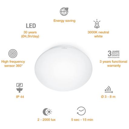 STEINEL 035105 - LED-Badezimmerleuchte mit Sensor RS 16 LED G LED/9,5W/230V IP44