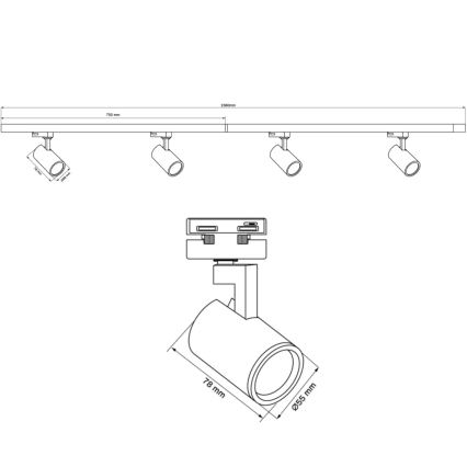 Strahler für Schienensystem LYNX 4xGU10/10W/230V + 2 x 75 cm Schienensystem weiß