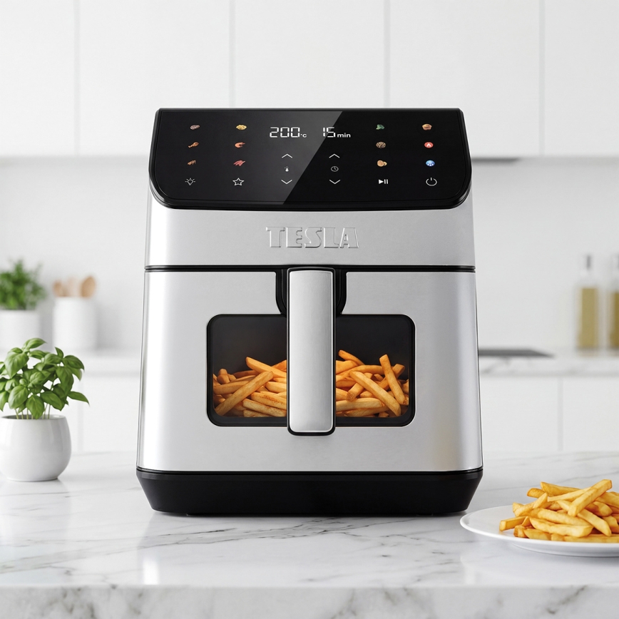 TESLA Electronics AirCook - Heißluftfritteuse 6,5 l 2100W/230V mattes Chrom/Schwarz