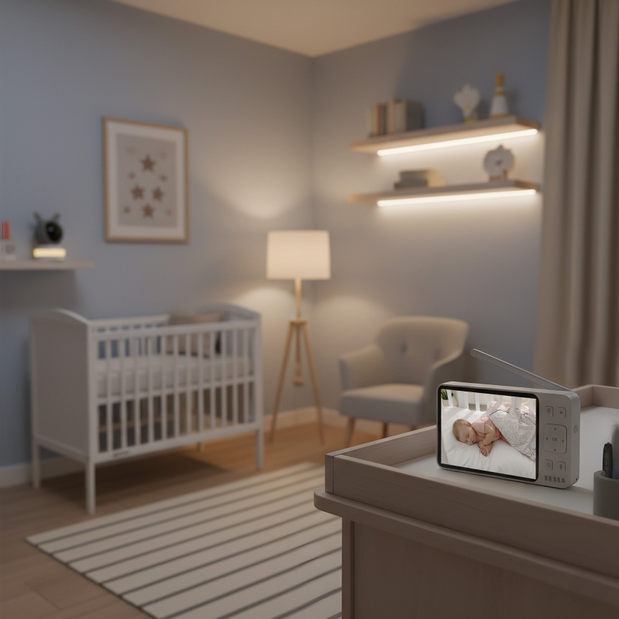 TESLA Electronics Bambino - Intelligentes Babyphone mit Monitor, 4 MP, 2560p, 5V, 5000 mAh, Wi-Fi, Tuya, grau/weiß