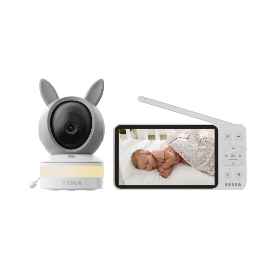 TESLA Electronics Bambino - Intelligentes Babyphone mit Monitor, 4 MP, 2560p, 5V, 5000 mAh, Wi-Fi, Tuya, grau/weiß
