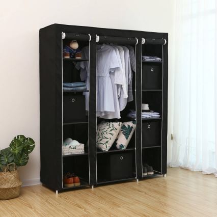 Textil-Garderobenschrank MATIS 150x175 cm, schwarz – mit Regalen und Kleiderstange