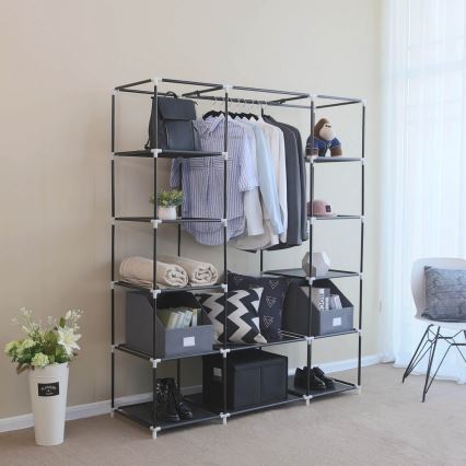Textil-Garderobenschrank MATIS 150x175 cm, schwarz – mit Regalen und Kleiderstange