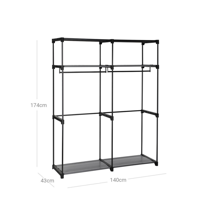 Textilkleiderschrank mit Einlegeböden und Kleiderstange MATIS, 140 x 174 cm, schwarz