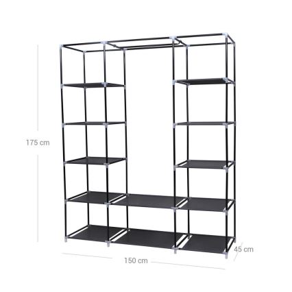 Textilkleiderschrank mit Regalen und Kleiderstange MATIS 150x175x45 cm, schwarz