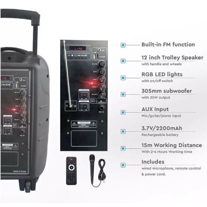 Tragbarer Bluetooth-Lautsprecher mit Mikrofon 35W/3,7V LED RGB + FB