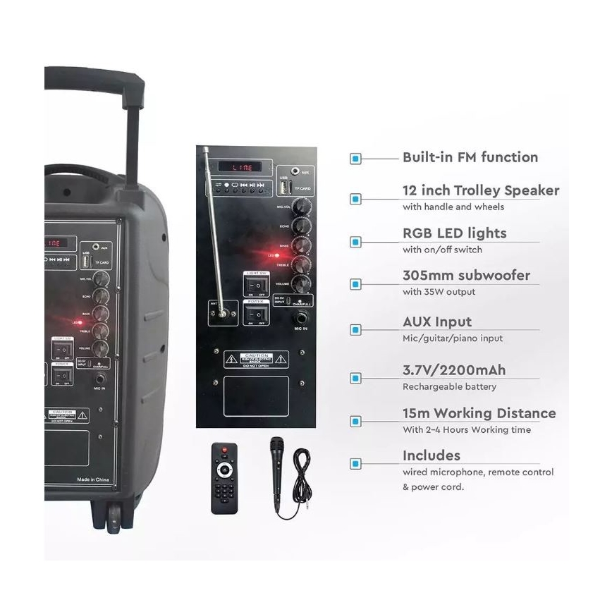 Tragbarer Bluetooth-Lautsprecher mit Mikrofon 35W/3,7V LED RGB + FB